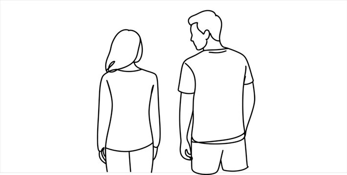 Couple standing back view, simple line art