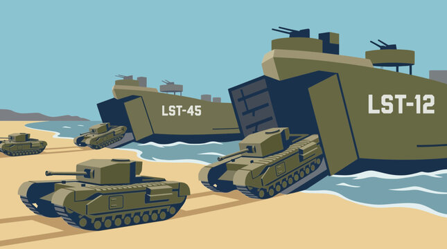 Churchill Tanks Rolling Off LST Landing Ships