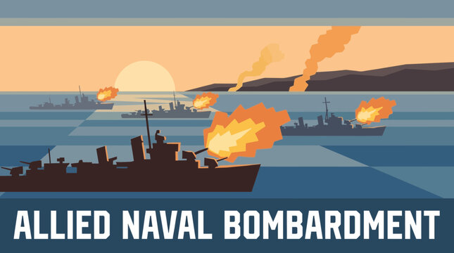 Allied Warships Firing Naval Bombardment at Dawn