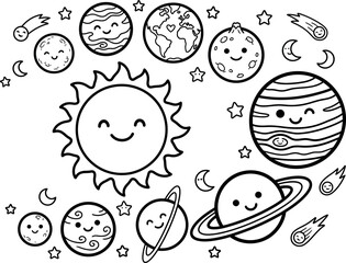 Fototapeta premium Cute smiling sun and planets solar system outer space doodle vector illustration for preschool astronomy coloring page