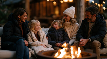 Fototapeta premium Three generations of a family unit gathered around an outdoor fire pit on a cool evening, candid unposed group dynamic capturing storytelling and laughter ideal for family lifestyle, outdoor recreat