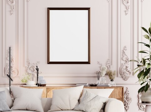 Bright luxury living room interior with elegant wall moldings, tufted sofa and poster mockup frame.