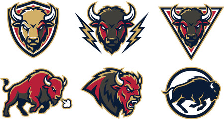 Aggressive Buffalo Mascot Logo Vector Set Featuring Fierce Bison Emblems, Sports Team Symbols, Powerful Animal Icons, and Esports Branding Designs © MdNazmul