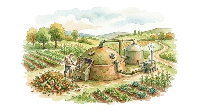 Biogas Energy: Organic crop residue digester in countryside plantation
