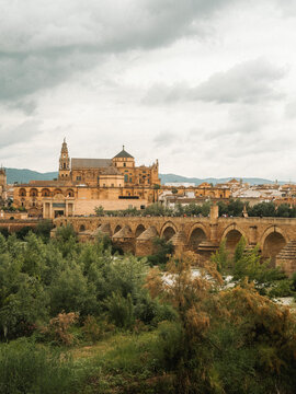 View of the Roman Bridge and the Mosque-Cathedral with lush green trees and a cloudy sky in Cordoba, Andalusia, Spain.
