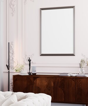 Bright luxury living room interior with elegant wall moldings, tufted sofa and poster mockup frame.