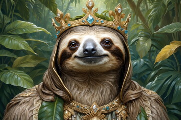 Obraz premium Sloth wearing a crown and royal attire in a jungle setting during daylight