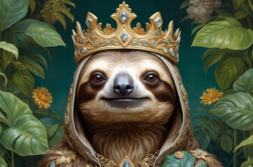 Obraz premium Sloth wearing a crown and robe in a lush green environment with flowers around during daytime