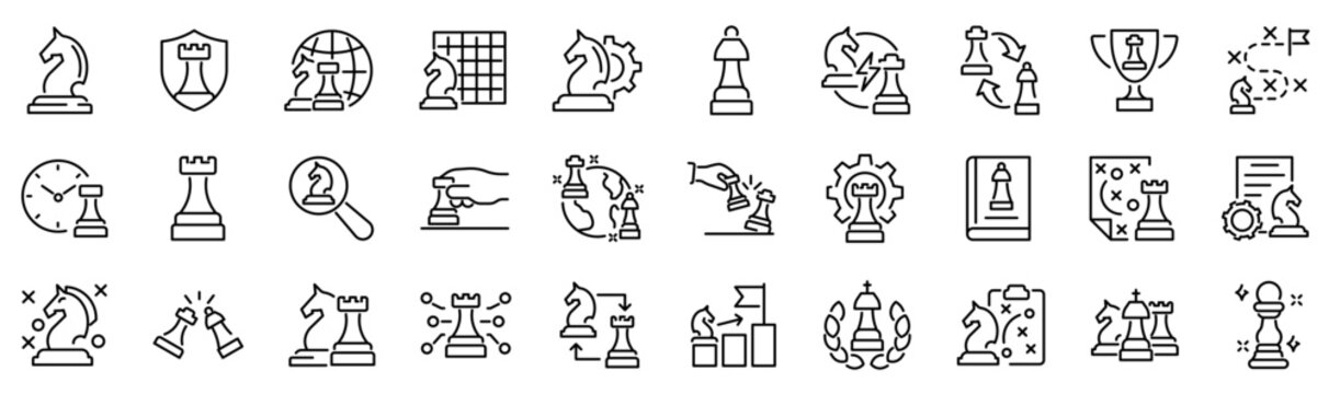 Set of 30 outline icons related to chess. Linear icon collection. Editable stroke. Vector illustration