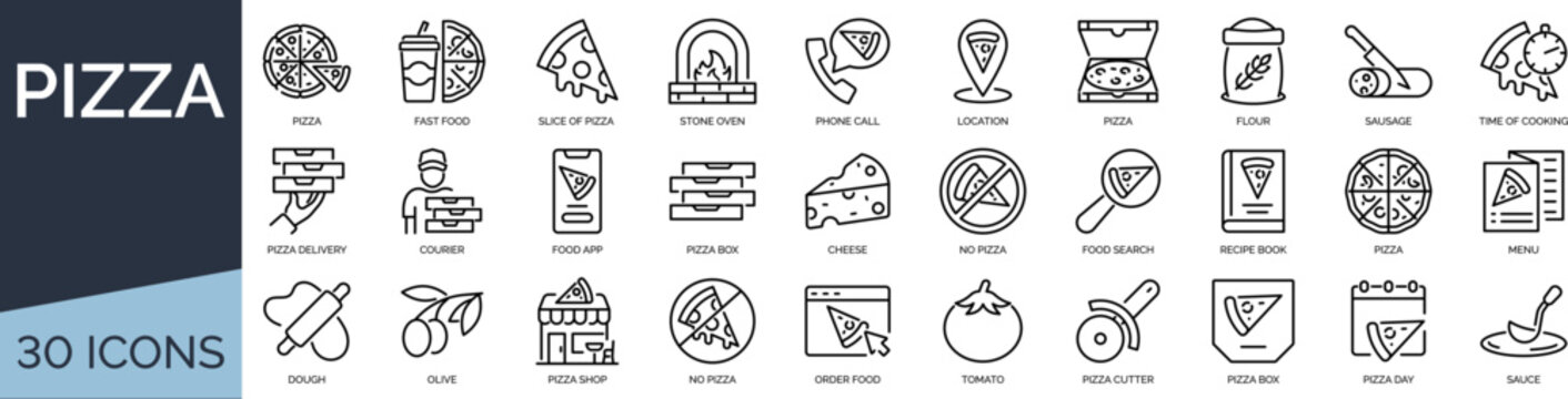 Set of 30 outline icons related to pizza. Linear icon collection. Editable stroke. Vector illustration