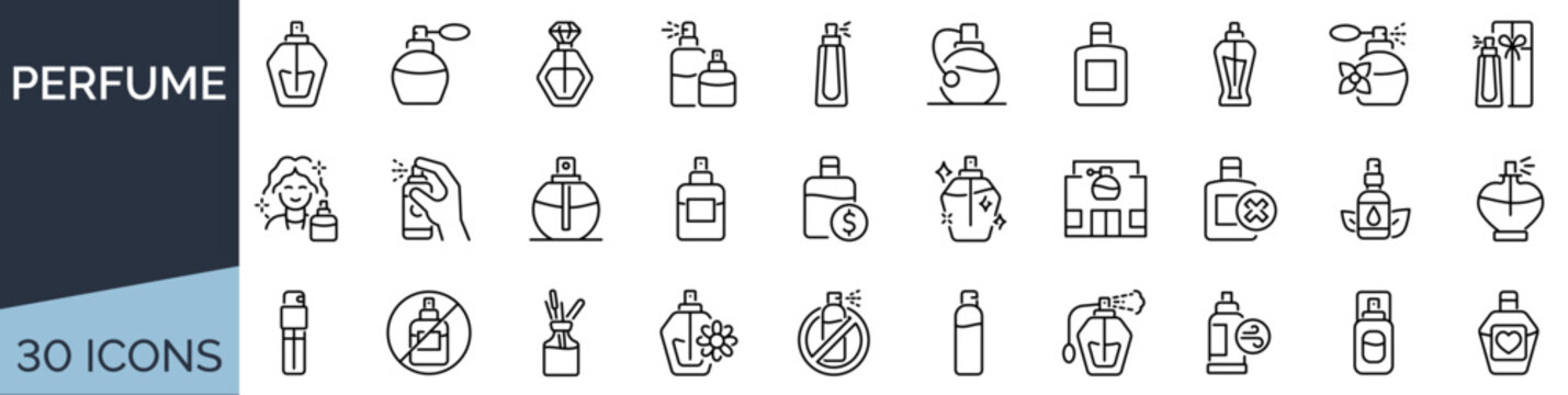 Set of 30 outline icons related to perfume. Linear icon collection. Editable stroke. Vector illustration