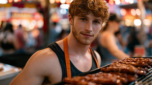 Competitive eater at carnival booth in July Fourth setting surrounded by noise and crowds, internal expression showing disconnection from hunger cues, mindless eating contrast to mindful practice, h