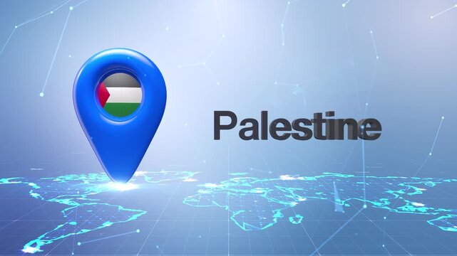 Palestine Flag Inside Location Pin On Digital World Map Animation