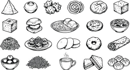 Obraz premium Vintage Asian snack food engraving collection featuring noodles dumplings and bakery meal illustrations