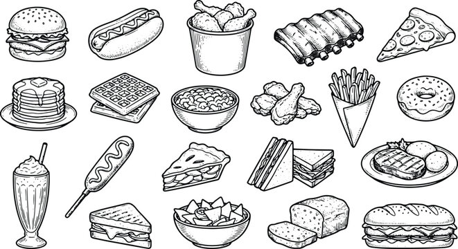 Fast food and dessert hand drawn illustration collection featuring burgers pizza waffles and donuts