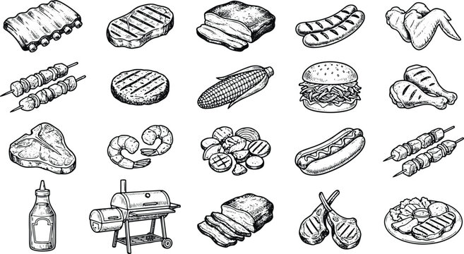 Vintage barbecue grilled food icon collection featuring steaks burgers ribs sausages and skewers