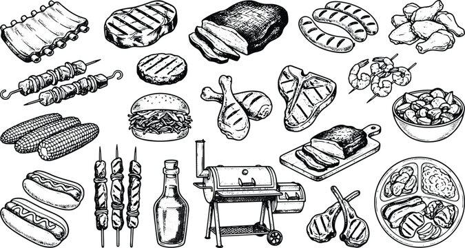 Vintage barbecue grill food illustration collection featuring steaks sausages burgers ribs and skewers