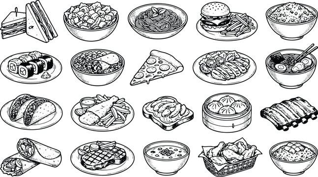 Vintage fast food meal engraving set featuring burgers tacos noodles and crispy snacks