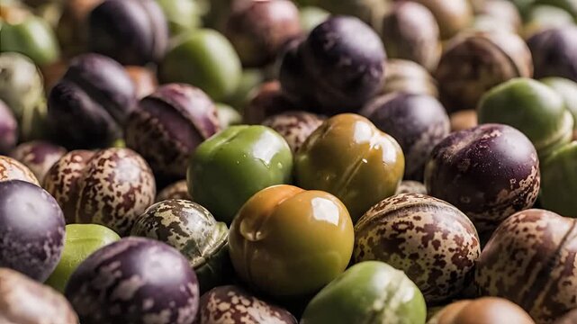 Closeup of colorful castor beans in a pile natural texture and pattern.