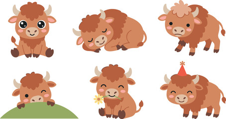 Cute Baby Buffalo Cartoon Vector Set Featuring Adorable Bison Characters, Funny Farm Animals, Kawaii Expressions, and Playful Illustration Collection © MdNazmul
