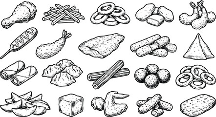 Obraz premium Vintage fried snack food collection featuring crispy appetizers and street food illustrations