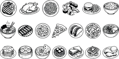 Obraz premium Vintage global food icon collection featuring sushi pasta burgers and traditional meal illustrations