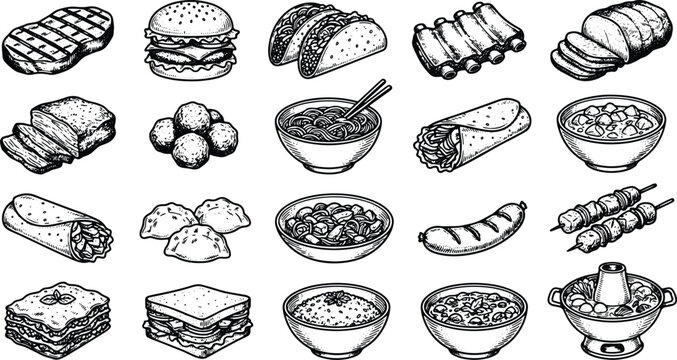 Vintage food meal engraving icon collection featuring burgers tacos noodles soups and sandwiches