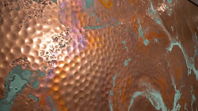 Closeup of Hammered Copper Panel with Verdigris Patina.