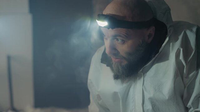 Bearded scientist in hazmat suit examining frozen sample, dim headlamp beam cutting through cold breath and fog inside derelict room frostcovered surfaces, sterile gloves handling vial, careful