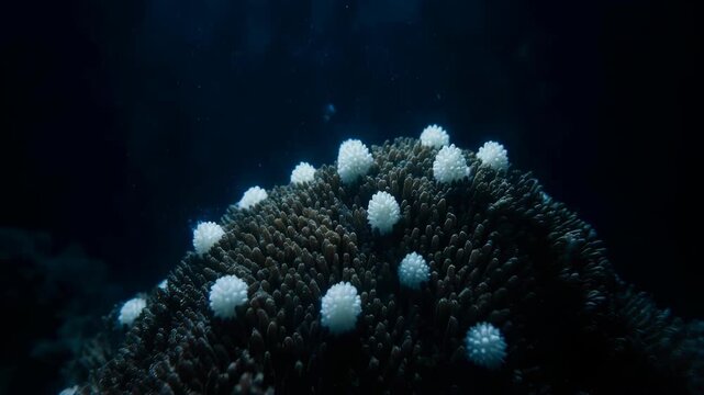 Macro view of vibrant coral polyps slowly opening and closing, pulsating gently underwater with dynamic illumination, representing marine life, ocean conservation