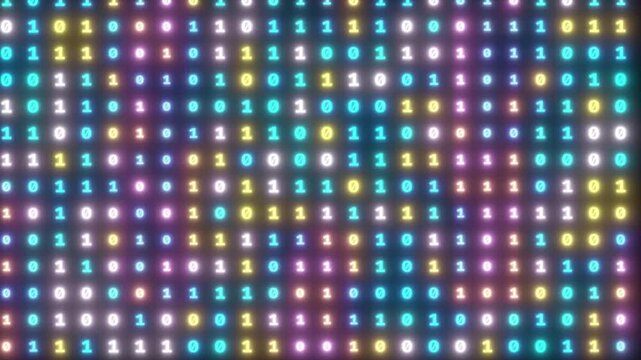 Abstract digital background featuring pastel opal and amethyst colors with bright glowing neon lighting effect on binary code, 4k video