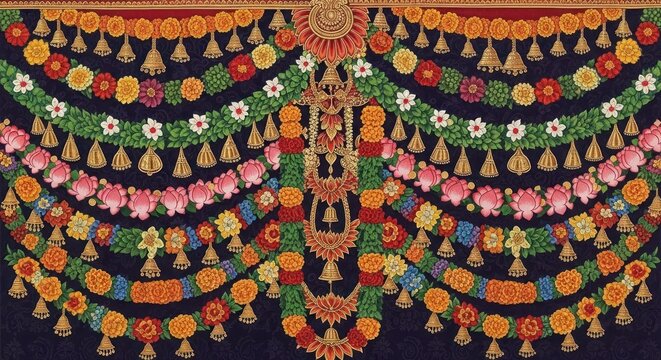 Vibrant Indian Wedding Toran Decoration with Marigold Flowers and Bells.