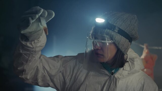 Researcher in insulated suit examines glowing vial under headlamp inside derelict farmhouse, amber liquid sparkles against frosted visor, breath fog in cold air, focused hands and cautious technique