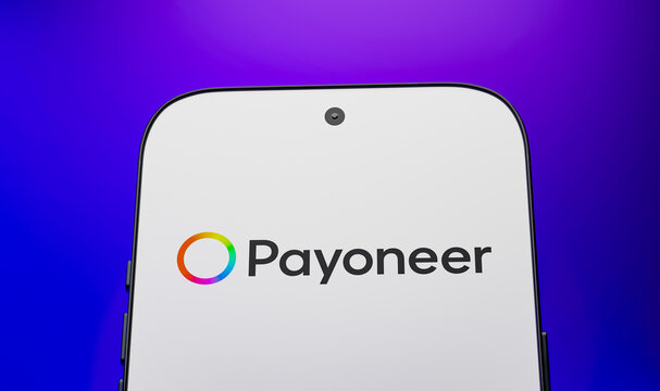 Payoneer logo displayed on a smartphone screen against a purple background