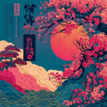 Traditional Japanese Ukiyo-e Sakura Print Illustration for Asian Culture Backdrop