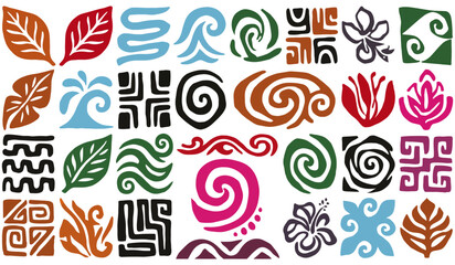 Collection of Pacific Islander cultural art motifs and patterns featuring floral, wave, and geometric designs in vibrant colors © Pronob Kumar Ray