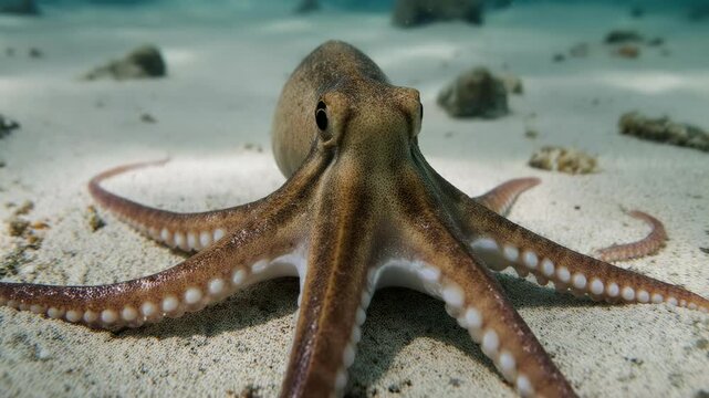 Close-up underwater footage of an octopus gracefully moving across the sandy seabed with its tentacles spread, symbolizing marine life, oceanography