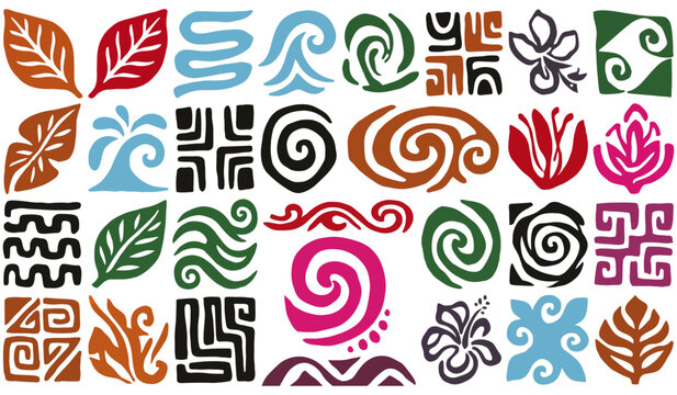 Collection of Pacific Islander cultural art motifs and patterns featuring floral, wave, and geometric designs in vibrant colors