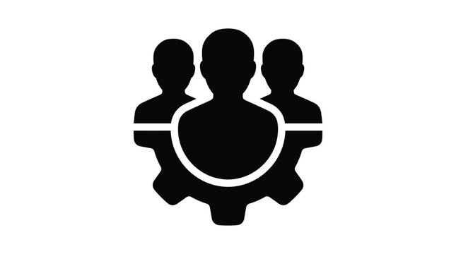 Team human resources solid icon featuring generic coworker avatars sitting on a mechanical gear