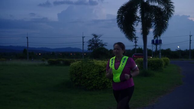 Front view of a middle-aged Asian woman jogging at twilight with reflective gear and an LED arm light for nighttime safety