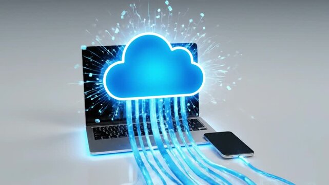 A simple 3D animation explaining how cloud computing works with laptops and smartphones connected to cloud servers
