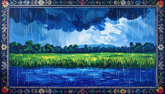 Vibrant Landscape Painting of a Rainy Day Over a Lush Field and Reflective Water.