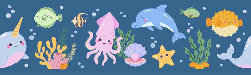 Sea life seamless border with cute marine animals and coral reef. Ocean repeat pattern with dolphin, whale, narwhal, squid, puffer fish, starfish and seaweed. © Tetianka