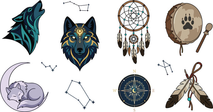Mystical Wolf and Tribal Spirit Vector Collection Featuring Dreamcatcher Symbols, Moon Animals, Sacred Feathers, and Bohemian Spiritual Illustration Elements