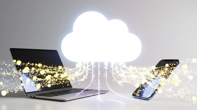 A simple 3D animation explaining how cloud computing works with laptops and smartphones connected to cloud servers