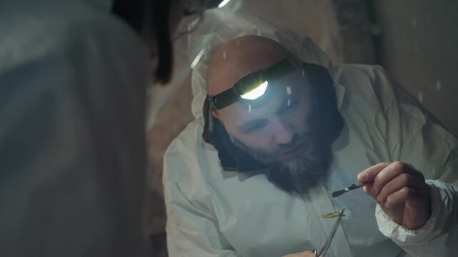 Bearded scientist in hazmat suit inspecting sample under headlamp in icy abandoned house, careful tweezers work on fragile specimen, dust motes and frost on surfaces, tense atmosphere suggesting