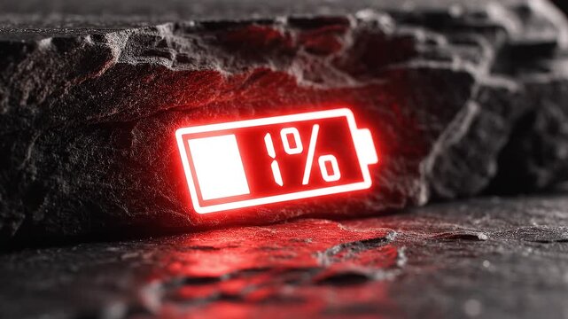 Glowing red battery icon at 1%, illuminated against dark stone texture, abstract visualization of depletion, low energy, and fading power in symbolic futuristic style.
