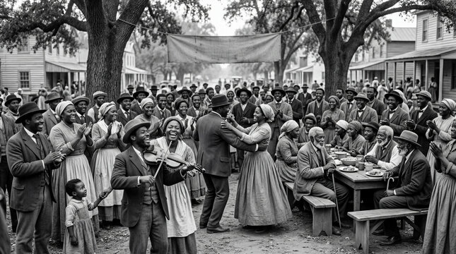 Historical black and white illustration of a joyous African American community gathering in a rustic town square with a fiddler playing music, couples dancing, and people dining together outdoors.