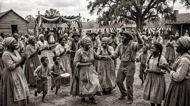 Historical Black and White Depiction of a Joyous African American Community Celebration with Dancing, Music, and Laughter in a Rural Village Setting with Wooden Cabins and Large Oak Trees.