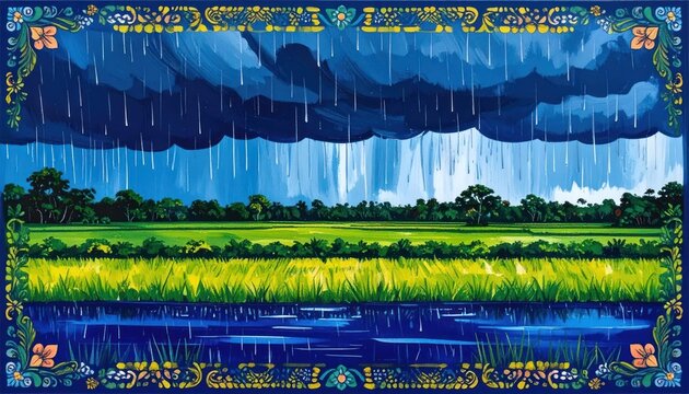 Vibrant Landscape Painting of a Stormy Sky Over Green Fields and Water.